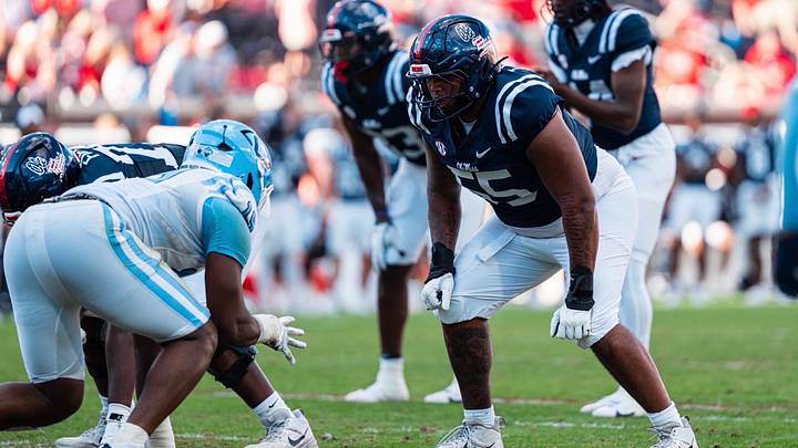 Ole Miss offensive tackle Terez Davis lines up against The Citadel during the second half (2025). Ole Miss offensive tackle Terez Davis lines up against The Citadel during the second half (2025).