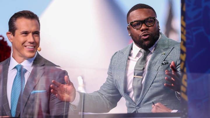 Panelists Brady Quinn (left) and Mark Ingram speak during FOX's Big Noon Kickoff football pregame show at Texas Tech University, Saturday, November 9, 2024 at Jones AT&T Stadium.