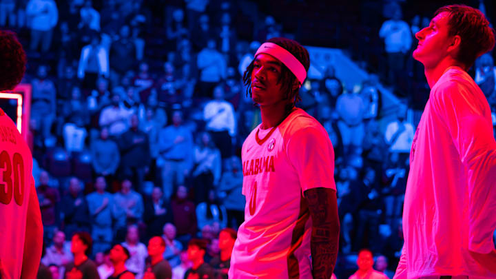 Alabama guard Labaron Philon Jr during the national anthem against North Dakota on November 3, 2025.