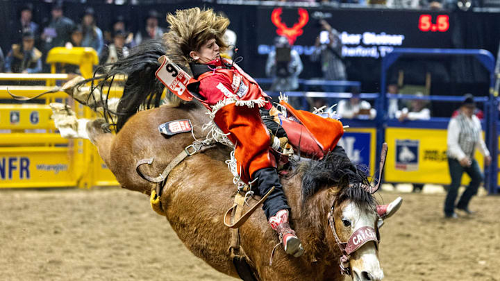Rocker Steiner riding a Calgary Bucking Horse at the 2023 NFR. Rocker Steiner riding a Calgary Bucking Horse at the 2023 NFR.