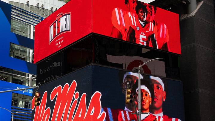 Ole Miss RB Kewan Lacy and QB Trinidad Chambliss featured on the electronic billboards in the streets of New York City in August. 