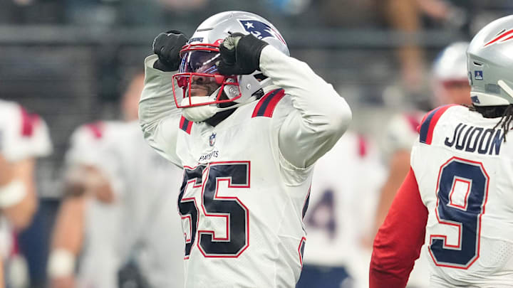 Dec 18, 2022; Paradise, Nevada, USA; New England Patriots linebacker Josh Uche (55) celebrates after getting a sack against the Las Vegas Raiders during the second half at Allegiant Stadium. Dec 18, 2022; Paradise, Nevada, USA; New England Patriots linebacker Josh Uche (55) celebrates after getting a sack against the Las Vegas Raiders during the second half at Allegiant Stadium.