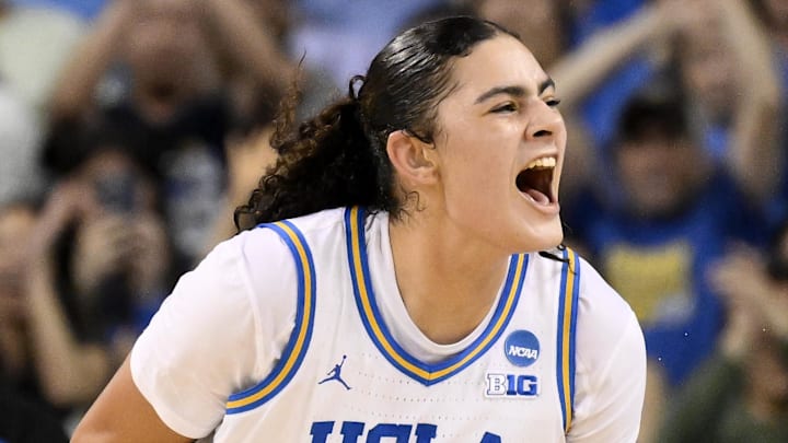Mar 23, 2025; Los Angeles, California, USA; UCLA Bruins center Lauren Betts (51) celebrate scoring a basket in the third quarter against the Richmond Spiders during an NCAA Tournament second round game at Pauley Pavilion presented by Wescom. Mandatory Credit: Robert Hanashiro-Imagn Images Mar 23, 2025; Los Angeles, California, USA; UCLA Bruins center Lauren Betts (51) celebrate scoring a basket in the third quarter against the Richmond Spiders during an NCAA Tournament second round game at Pauley Pavilion presented by Wescom. Mandatory Credit: Robert Hanashiro-Imagn Images