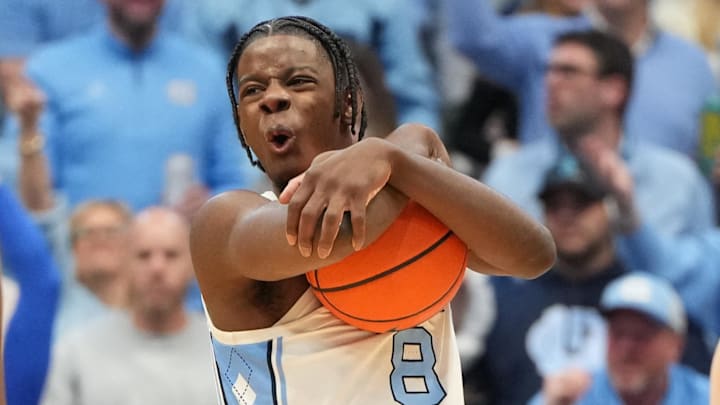 Feb 7, 2026; Chapel Hill, North Carolina, USA; North Carolina Tar Heels forward Caleb Wilson (8) reacts in the second  half at Dean E. Smith Center. Mandatory Credit: Bob Donnan-Imagn Images