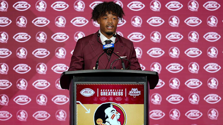 Jul 23, 2025; Charlotte, NC, USA; FSU quarterback Tommy Castellanos answers questions from the media during ACC Media days at Hilton Charlotte Uptown. Mandatory Credit: Jim Dedmon-Imagn Images
