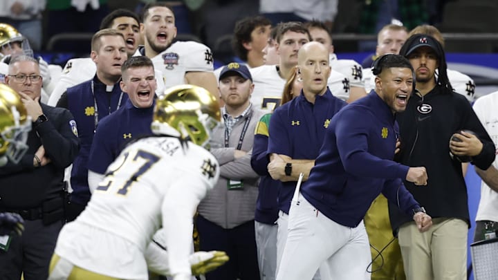 Notre Dame Fighting Irish head coach Marcus Freeman reacts on the sidelines in the final minute against the Georgia Bulldogs in the Sugar Bowl.