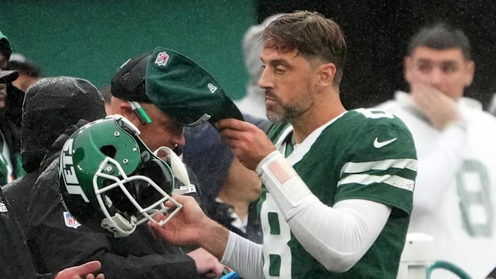 Sep 29, 2024; East Rutherford, New Jersey, USA; New York Jets quarterback Aaron Rodgers (8) on the sidelines after theh Jets failed to score on the Denver Broncos late in the fourth quarter at MetLife Stadium. Sep 29, 2024; East Rutherford, New Jersey, USA; New York Jets quarterback Aaron Rodgers (8) on the sidelines after theh Jets failed to score on the Denver Broncos late in the fourth quarter at MetLife Stadium.