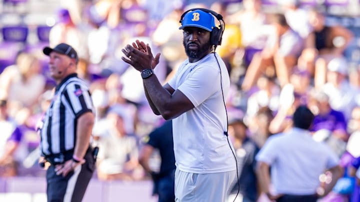 Sep 21, 2024; Baton Rouge, Louisiana, USA;  UCLA Bruins head coach DeShaun Foster looks on during the second half against the LSU Tigers at Tiger Stadium. Mandatory Credit: Stephen Lew-Imagn Images