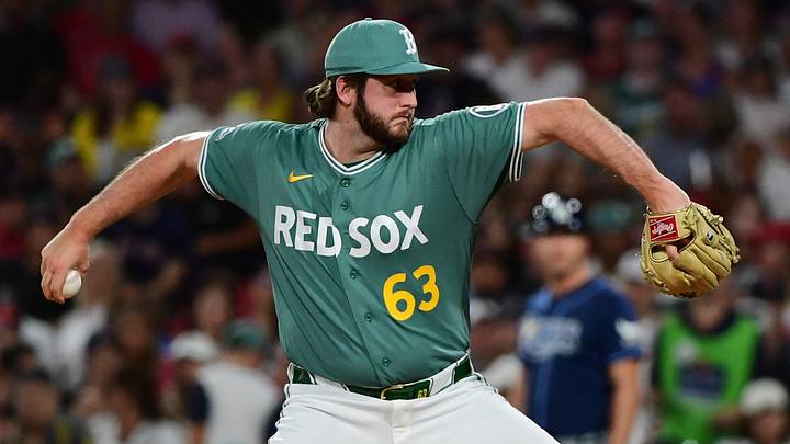 Jul 17, 2026; Boston, Massachusetts, USA; Boston Red Sox pitcher Justin Slaten (63) pitches during the eighth inning against the Tampa Bay Rays at Fenway Park. Mandatory Credit: Bob DeChiara-Imagn Images Jul 17, 2026; Boston, Massachusetts, USA; Boston Red Sox pitcher Justin Slaten (63) pitches during the eighth inning against the Tampa Bay Rays at Fenway Park. Mandatory Credit: Bob DeChiara-Imagn Images