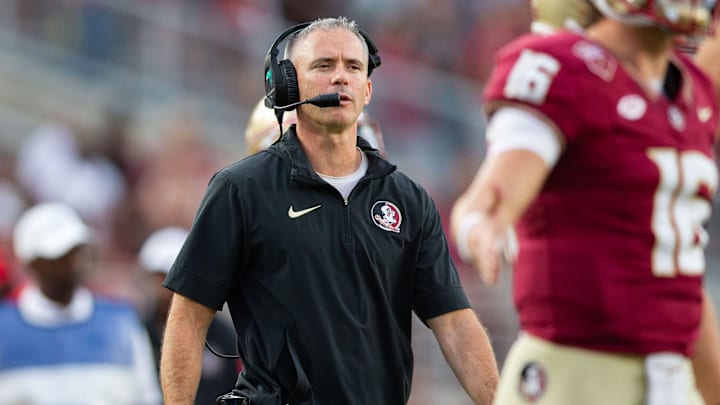 Florida State Seminoles head coach Mike Norvell watches on as his players come off the field. The Florida State Seminoles defeated the Virginia Tech Hokies 39-17 at Doak Campbell Stadium on Saturday, Oct. 7, 2023.