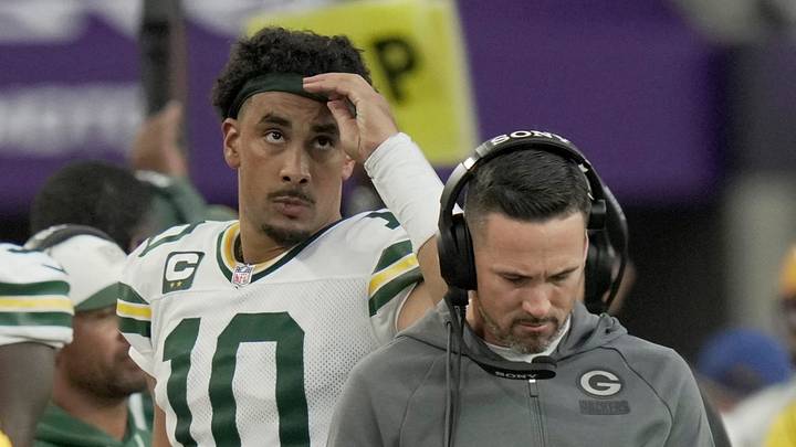 Green Bay Packers quarterback Jordan Love (10) walks behind head coach Matt LaFleur after throwing an interception during the fourth quarter of their game Sunday, Sept. 13, 2026 at U.S. Bank Stadium in Minneapolis, Minnesota. The Minnesota Vikings beat the Green Bay Packers 39-22.