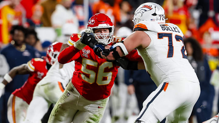 December 25, 2025 Kansas City, MO. U.S. - Denver Broncos offensive tackle Garett Bolles (72) blocks Kansas City Chiefs defensive end George Karlaftis (56) in action during a week 17 National Football League football game between Denver Broncos and the Kansas City Chiefs on GEHA Field at Arrowhead Stadium in Kansas City MO..Denver won 20-13.