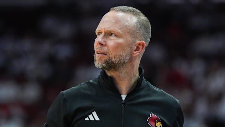Louisville Cardinals head coach Pat Kelsey during the Cards win over the N.C. State Wolfpack 118-77 at the KFC Yum! Center in downtown Louisville February 9, 2026. Louisville Cardinals head coach Pat Kelsey during the Cards win over the N.C. State Wolfpack 118-77 at the KFC Yum! Center in downtown Louisville February 9, 2026.