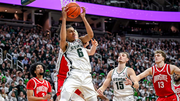 Michigan State's Jordan Scott pulls down an offensive rebound before scoring against Ohio State during the second half on Sunday, Feb. 22, 2026, at the Breslin Center in East Lansing.