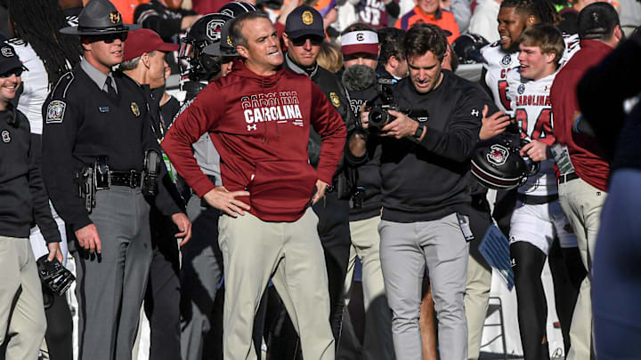 Nov 30, 2024; Clemson, South Carolina, USA; South Carolina Head Coach Shane Beamer smiles after the game against Clemson at Memorial Stadium. Mandatory Credit: Ken Ruinard-Imagn Images