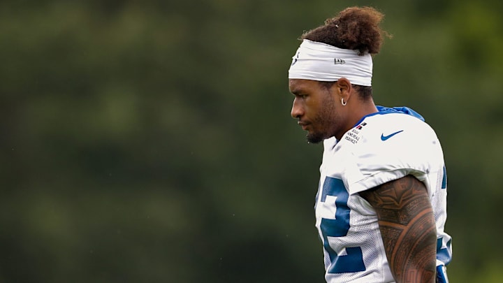 Indianapolis Colts safety Julian Blackmon warms up at the start of practice at the Indiana Farm Bureau Football Center 