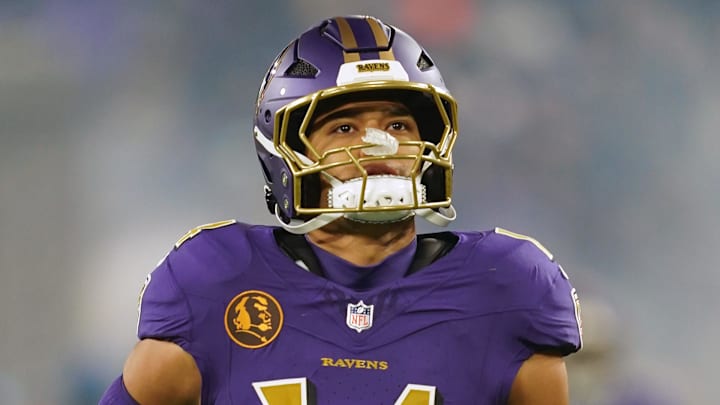 Nov 27, 2025; Baltimore, Maryland, USA; Baltimore Ravens safety Kyle Hamilton (14) during the first half at M&T Bank Stadium. Mandatory Credit: Mitch Stringer-Imagn Images