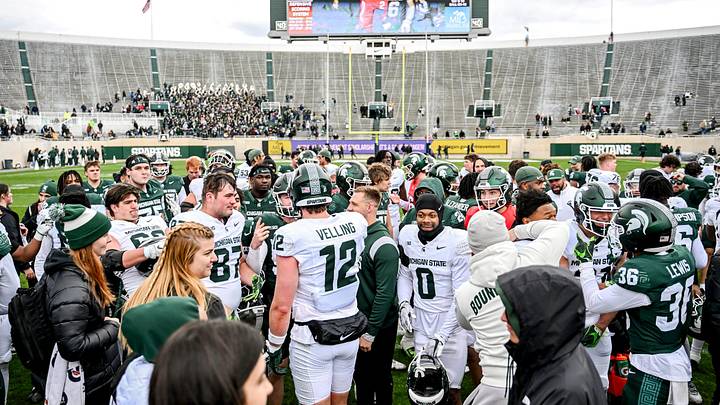 Michigan State players mingle on the filed after the Spring Showcase on Saturday, April 20, 2024, at