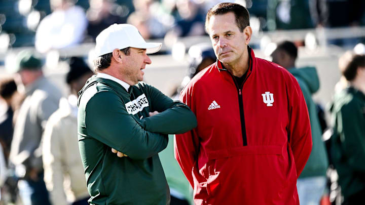 Michigan State's head coach Jonathan Smith, left, talks with Indiana's head coach Curt Cignetti before the game on Saturday, Nov. 2, 2024, at Spartan Stadium in East Lansing. Michigan State's head coach Jonathan Smith, left, talks with Indiana's head coach Curt Cignetti before the game on Saturday, Nov. 2, 2024, at Spartan Stadium in East Lansing.