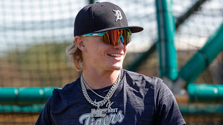 Detroit Tigers outfielder prospect Max Clark works out during spring training at TigerTown in Lakeland, Fla. on Thursday, Feb. 22, 2024.