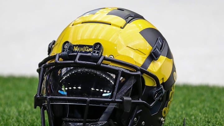 A Michigan football helmet on the sideline during open practice at NRG Stadium in Houston, Texas on Saturday, Jan. 6, 2024.