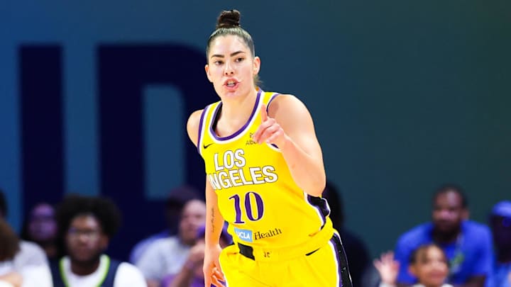 Jun 6, 2025; Arlington, Texas, USA;  Los Angeles Sparks guard Kelsey Plum (10) reacts against the Dallas Wings during the second half at College Park Center. Mandatory Credit: Kevin Jairaj-Imagn Images