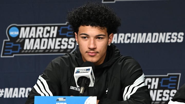 Mar 18, 2026; Buffalo, NY, USA; South Florida Bulls guard Wes Enis (2) speaks to the media before a practice session ahead of the first round of the men's 2026 NCAA Tournament at KeyBank Center. Mandatory Credit: Mark Konezny-Imagn Images Mar 18, 2026; Buffalo, NY, USA; South Florida Bulls guard Wes Enis (2) speaks to the media before a practice session ahead of the first round of the men's 2026 NCAA Tournament at KeyBank Center. Mandatory Credit: Mark Konezny-Imagn Images