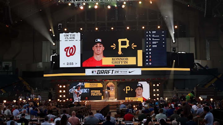 Jul 14, 2024; Ft. Worth, TX, USA; The Pittsburgh Pirates draft Konnor Griffin with the ninth pick during the first round of the MLB Draft at Cowtown Coliseum. Mandatory Credit: Kevin Jairaj-Imagn Images