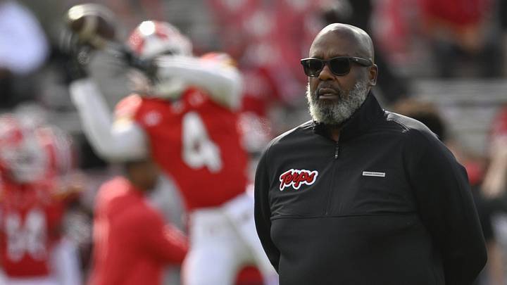 Maryland Terrapins head coach Mike Locksley stands on the field before the game against the Nebraska Cornhuskers at SECU Stadium. Maryland Terrapins head coach Mike Locksley stands on the field before the game against the Nebraska Cornhuskers at SECU Stadium.