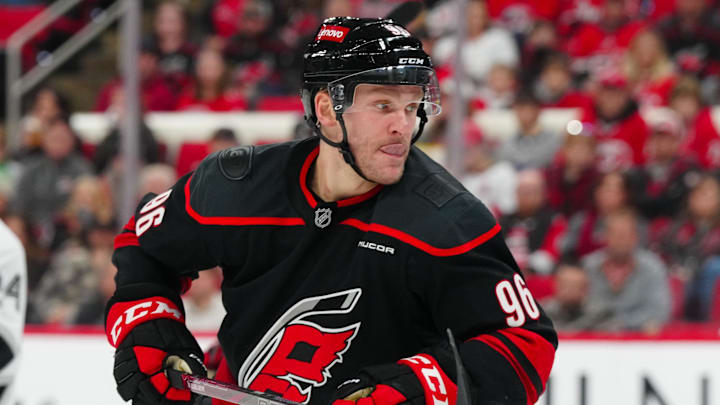 Feb 1, 2025; Raleigh, North Carolina, USA;  Carolina Hurricanes right wing Mikko Rantanen (96) skates against the Los Angeles Kings during the third period at Lenovo Center. Mandatory Credit: James Guillory-Imagn Images