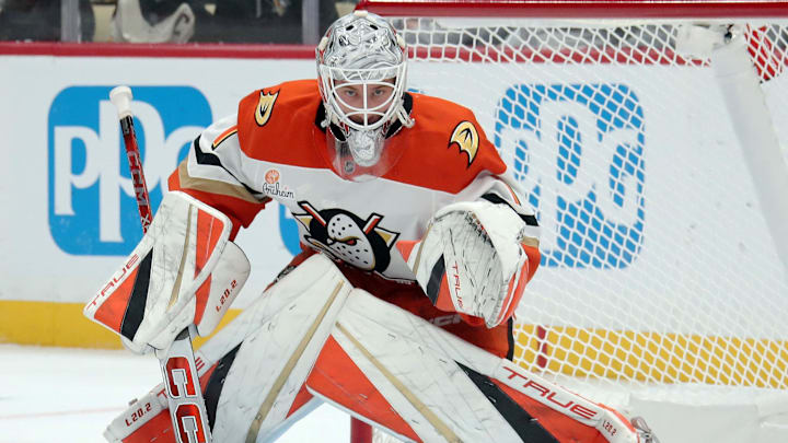 Oct 31, 2024; Pittsburgh, Pennsylvania, USA;  Anaheim Ducks goaltender Lukas Dostal (1) guards the net against the Pittsburgh Penguins during the first period at PPG Paints Arena. Mandatory Credit: Charles LeClaire-Imagn Images
