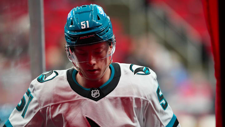 Dec 7, 2025; Raleigh, North Carolina, USA; San Jose Sharks right wing Collin Graf (51) comes off the ice after the warmups before the game against the Carolina Hurricanes at Lenovo Center. Mandatory Credit: James Guillory-Imagn Images Dec 7, 2025; Raleigh, North Carolina, USA; San Jose Sharks right wing Collin Graf (51) comes off the ice after the warmups before the game against the Carolina Hurricanes at Lenovo Center. Mandatory Credit: James Guillory-Imagn Images