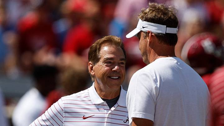 Sep 23, 2023; Tuscaloosa, Alabama, USA; Alabama Crimson Tide head coach Nick Saban, left, talks with Mississippi Rebels head coach Lane Kiffin, right, before the game at Bryant-Denny Stadium. Mandatory Credit: Butch Dill-USA TODAY Sports Sep 23, 2023; Tuscaloosa, Alabama, USA; Alabama Crimson Tide head coach Nick Saban, left, talks with Mississippi Rebels head coach Lane Kiffin, right, before the game at Bryant-Denny Stadium. Mandatory Credit: Butch Dill-USA TODAY Sports