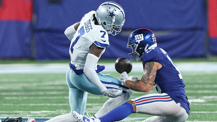 Sep 10, 2023; East Rutherford, New Jersey, USA; Dallas Cowboys cornerback Trevon Diggs (7) forces a