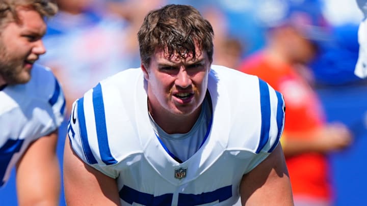 Aug 13, 2022; Orchard Park, New York, USA; Indianapolis Colts guard Will Fries (75) prior to the game against the Buffalo Bills at Highmark Stadium. Mandatory Credit: Gregory Fisher-Imagn Images Aug 13, 2022; Orchard Park, New York, USA; Indianapolis Colts guard Will Fries (75) prior to the game against the Buffalo Bills at Highmark Stadium. Mandatory Credit: Gregory Fisher-Imagn Images