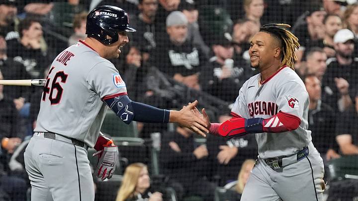 Oct 8, 2026; Chicago, Illinois, USA; Cleveland Guardians third baseman Jose Ramirez (11) celebrates with first baseman Nathaniel Lowe (46) after scoring during the sixth inning against the Chicago White Sox in game four of the ALDS for the 2026 MLB Playoffs at Rate Field. Mandatory Credit: David Banks-Imagn Images Oct 8, 2026; Chicago, Illinois, USA; Cleveland Guardians third baseman Jose Ramirez (11) celebrates with first baseman Nathaniel Lowe (46) after scoring during the sixth inning against the Chicago White Sox in game four of the ALDS for the 2026 MLB Playoffs at Rate Field. Mandatory Credit: David Banks-Imagn Images
