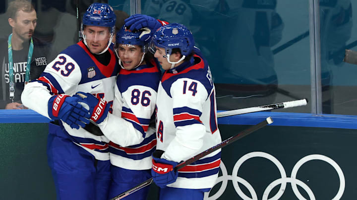 Team USA players Brock Nelson, Jack Hughes and Brock Faber at the 2026 Winter Olympics hockey tournament