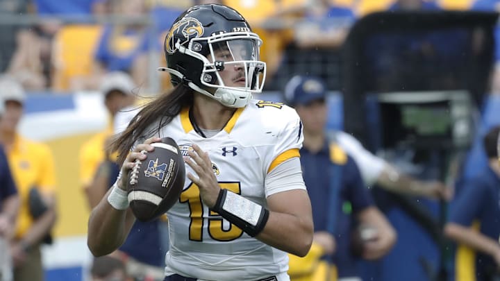 Aug 31, 2024; Pittsburgh, Pennsylvania, USA; Kent State Golden Flashes quarterback Devin Kargman (15) passes the ball against the Pittsburgh Panthers during the second quarter at Acrisure Stadium.