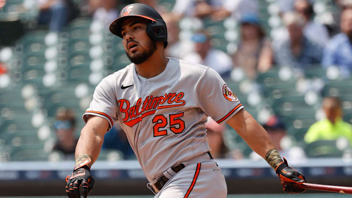 Aug 1, 2021; Detroit, Michigan, USA; Baltimore Orioles right fielder Anthony Santander (25) hits a single in the third inning against the Detroit Tigers at Comerica Park. Aug 1, 2021; Detroit, Michigan, USA; Baltimore Orioles right fielder Anthony Santander (25) hits a single in the third inning against the Detroit Tigers at Comerica Park.