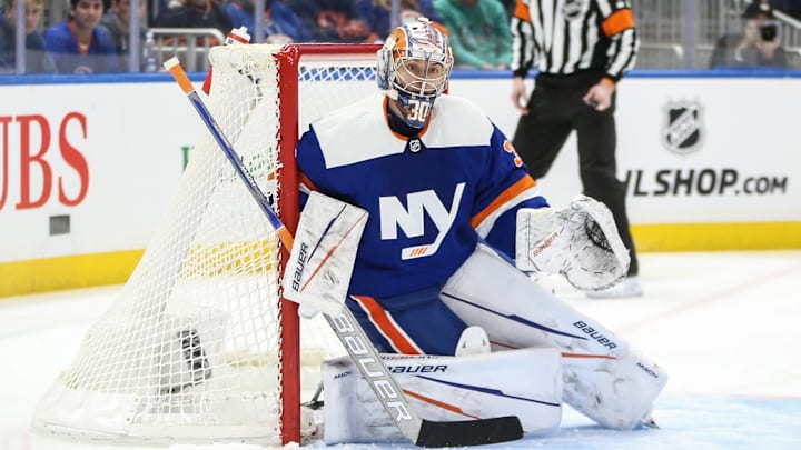 Feb 24, 2024; Elmont, New York, USA; New York Islanders goaltender Ilya Sorokin (30) defends the net in the first period against the Tampa Bay Lightning at UBS Arena. Mandatory Credit: Wendell Cruz-Imagn Images Feb 24, 2024; Elmont, New York, USA; New York Islanders goaltender Ilya Sorokin (30) defends the net in the first period against the Tampa Bay Lightning at UBS Arena. Mandatory Credit: Wendell Cruz-Imagn Images