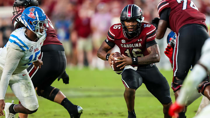 South Carolina Gamecocks quarterback LaNorris Sellers scrambles against the Mississippi Rebels in the second half at Williams-Brice Stadium. South Carolina Gamecocks quarterback LaNorris Sellers scrambles against the Mississippi Rebels in the second half at Williams-Brice Stadium.