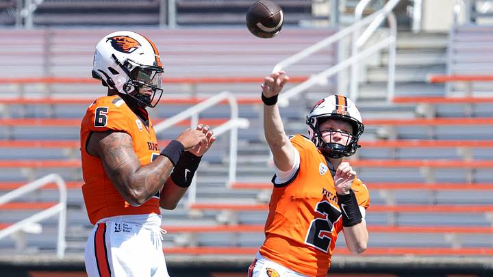 Oregon State's Braden Atkinson (2) throws the ball before the Oregon State Spring Game at Reser Stadium on Saturday, April 25, 2026, in Corvallis, Ore. Oregon State's Braden Atkinson (2) throws the ball before the Oregon State Spring Game at Reser Stadium on Saturday, April 25, 2026, in Corvallis, Ore.