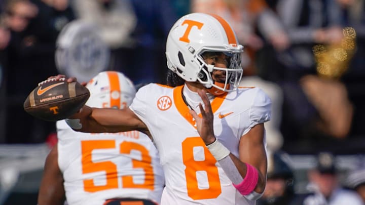 Tennessee quarterback Nico Iamaleava (8) throws the ball during the first quarter at FirstBank Stadium in Nashville, Tenn., Saturday, Nov. 30, 2024. Tennessee quarterback Nico Iamaleava (8) throws the ball during the first quarter at FirstBank Stadium in Nashville, Tenn., Saturday, Nov. 30, 2024.