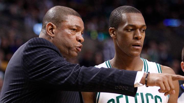 Apr 8, 2012; Boston, MA USA; Boston Celtics head coach Doc Rivers talks with point guard Rajon Rondo (9) from the sideline as they take on the Philadelphia 76ers in the second quarter at the TD Banknorth Garden. Mandatory Credit: David Butler II-USA TODAY Sports Apr 8, 2012; Boston, MA USA; Boston Celtics head coach Doc Rivers talks with point guard Rajon Rondo (9) from the sideline as they take on the Philadelphia 76ers in the second quarter at the TD Banknorth Garden. Mandatory Credit: David Butler II-USA TODAY Sports