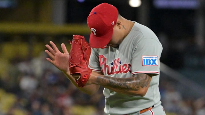 Sep 16, 2025; Los Angeles, California, USA;  Philadelphia Phillies relief pitcher Jhoan Duran (59) reacts after a save in the ninth inning against the Los Angeles Dodgers at Dodger Stadium. Mandatory Credit: Jayne Kamin-Oncea-Imagn Images