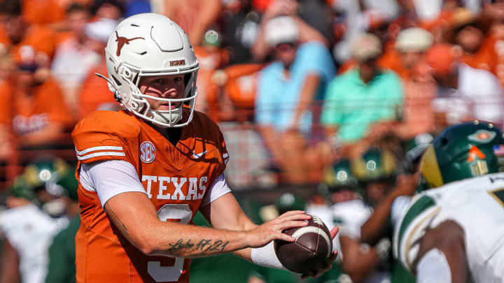 Texas Longhorns quarterback Quinn Ewers (3) snaps the ball during the game against Colorado State at Darrell K Royal-Texas Memorial Stadium in Austin Saturday, Aug. 31, 2024. Texas Longhorns quarterback Quinn Ewers (3) snaps the ball during the game against Colorado State at Darrell K Royal-Texas Memorial Stadium in Austin Saturday, Aug. 31, 2024.