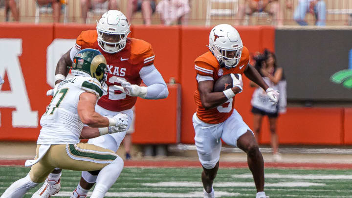 Texas Longhorns receiver Ryan Wingo (5) runs the ball during the game against Colorado State at Darrell K Royal-Texas Memorial Stadium in Austin Saturday, Aug. 31, 2024.
