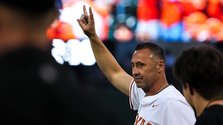 Texas Longhorns head football coach Steve Sarkisian takes the field for the first pitch ahead of the Lone Star Showdown against Texas A&M at UFCU Disch-Falk Field on Friday, April 25, 2025. Texas Longhorns head football coach Steve Sarkisian takes the field for the first pitch ahead of the Lone Star Showdown against Texas A&M at UFCU Disch-Falk Field on Friday, April 25, 2025.