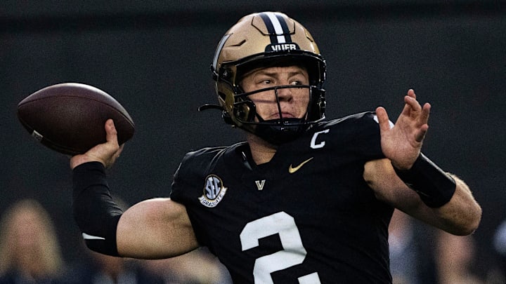 Vanderbilt Commodores quarterback Diego Pavia (2) throws to an open teammate against South Carolina Gamecocks during the first half FirstBank Stadium in Nashville, Tenn., Saturday, Nov. 9, 2024.
