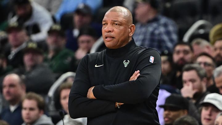 Milwaukee Bucks head coach Doc Rivers looks on in the third quarter against the Miami Heat at Fiserv Forum on February 24, 2026.